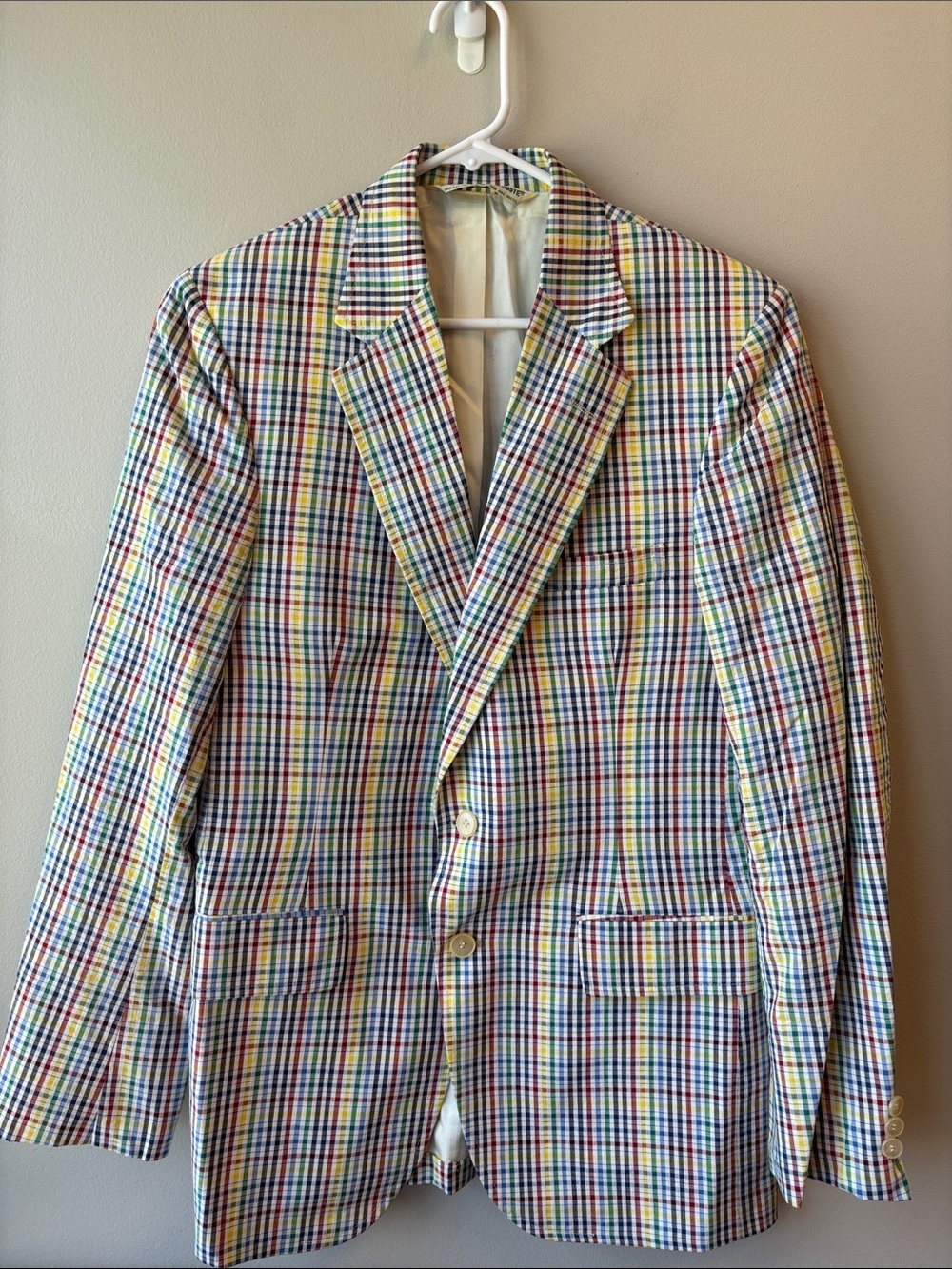 Izod Lacoste Vintage Multicolor Check Sport Coat - Blue, Yellow, Red, Green